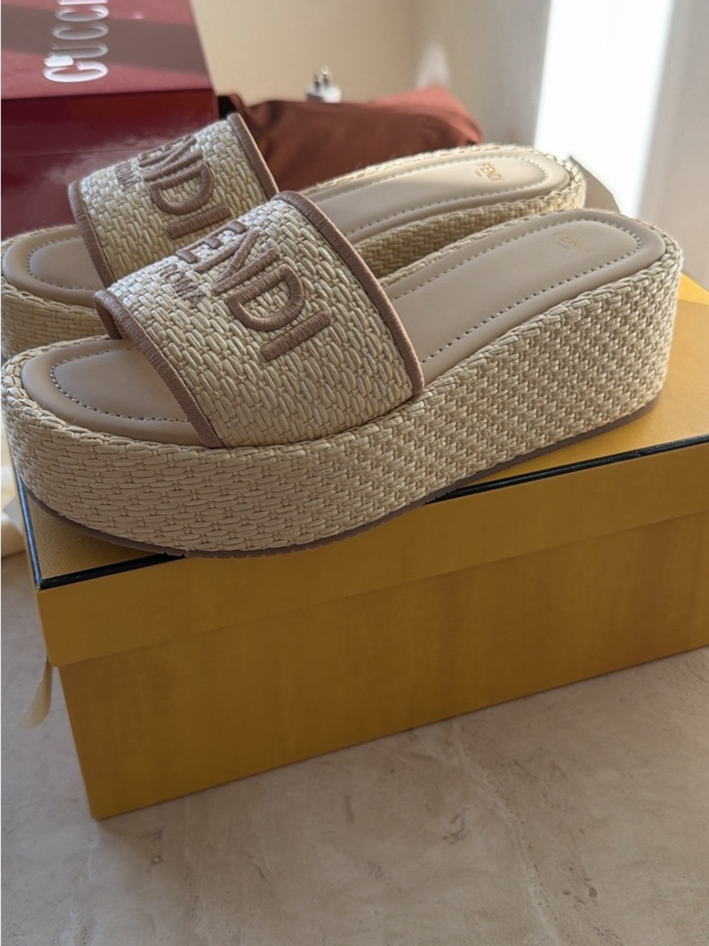 Fendi Beige Raffia Logo Slide Mules - Picture 5 of 8